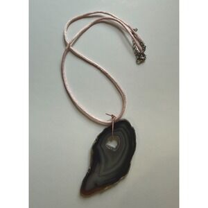 Brazilian Agate Geode Slice Pendant Necklace On‎ Pink Hemp Cotton Cord 18" OOAK